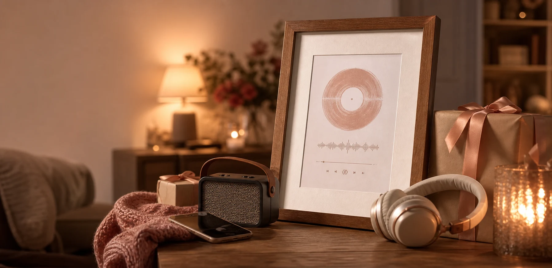 Personalized music gift setup with framed lyrics, headphones, and a cozy listening corner